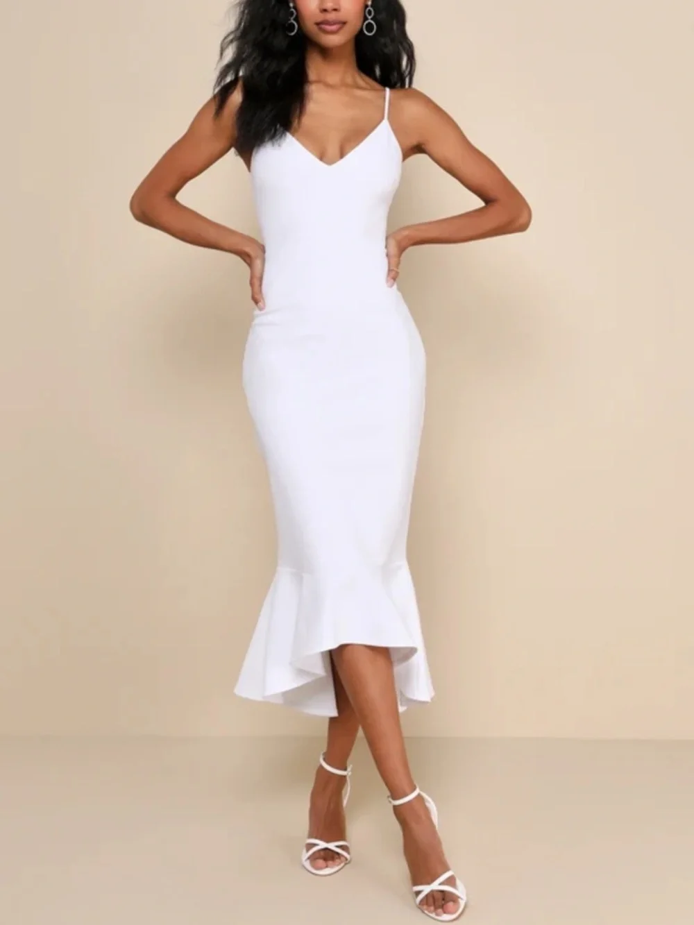 Lulu's Stun Like Me White V-Neck Spaghetti Strap Mermaid Midi Dress - Picture 1 of 10